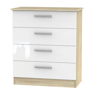 B&Q Trent 4 Drawer Chest In Gloss & Bardolino Oak (Ready Assembled) White