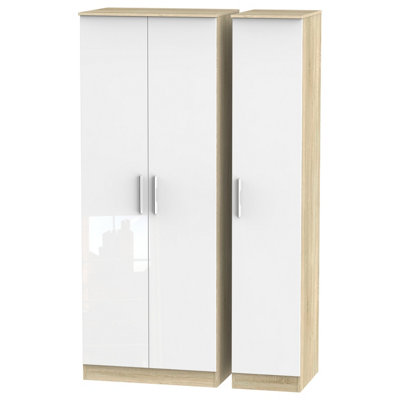  - Trent Tall Triple Plain Wardrobe In White Gloss & Bardolino Oak (Ready Assembled)