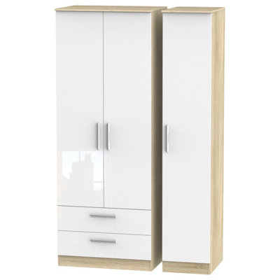  - Trent Tall Triple 2 Drawer Wardrobe In White Gloss & Bardolino Oak (Ready Assembled)