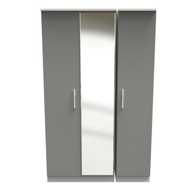  - Trent Triple Mirrored Wardrobe In Dusk Grey & White Matt (Ready Assembled)
