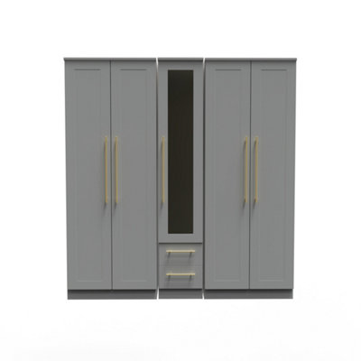 B&Q Helmsley Tall 5 Door 2 Drawer 1 Mirror Wardrobe In Dusk (Ready Assembled) Grey