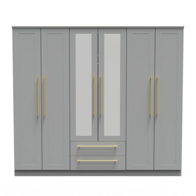 B&Q Helmsley Tall 6 Door 2 Drawer 2 Mirror Wardrobe In Dusk (Ready Assembled) Grey