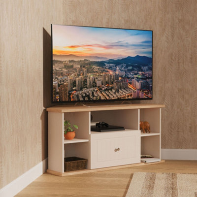 Pavia Ready Assembled Kashmir Ash Bardolino Oak Effect Corner Tv Unit With 2 Shelves & 1 Drawers(H)52.4Cm X (W)112Cm X (D)51.5Cm from B&Q