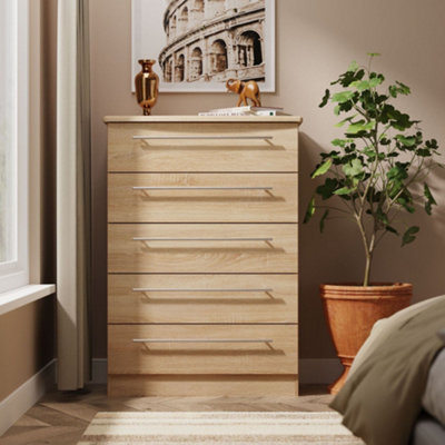 Bergamo Ready Assembled Bardolino Oak Effect 5 Drawer Chest (H)1074mm (W)765mm (D)415mm from B&Q