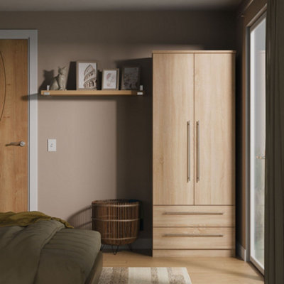 Bergamo Ready Assembled Bardolino Oak Effect 2 Drawer Double Wardrobe (H)1824mm (W)738mm (D)530mm from B&Q