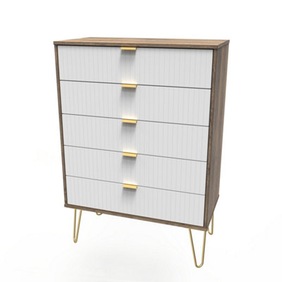 Moderna Ready Assembled Matt White Dark Oak Effect 5 Drawer Wide Chest (H)1075mm (W)765mm (D)415mm from B&Q
