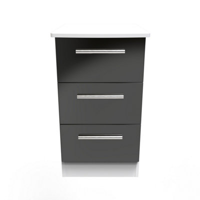 B&Q Harrow 3 Drawer Bedside Cabinet In Gloss & (Ready Assembled) Black/White