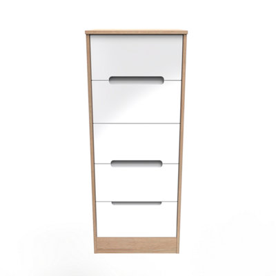 Turin 5 Drawer Tallboy In White Gloss & Bardolino Oak (Ready Assembled) from B&Q