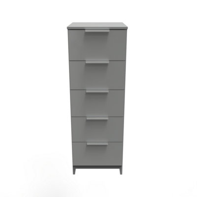 B&Q Poole 5 Drawer Tallboy In Uniform Gloss & Dusk (Ready Assembled) Grey