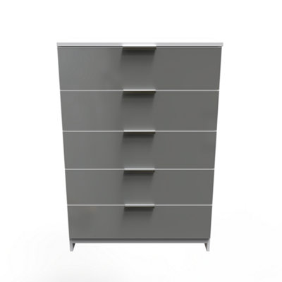 B&Q Poole 5 Drawer Chest In Uniform Gloss & (Ready Assembled) Grey/White