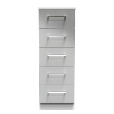 B&Q Chester 5 Drawer Tallboy In Uniform Gloss & (Ready Assembled) Grey/White