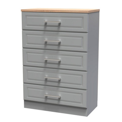Sevilla Ready Assembled Matt Dark Grey Light Oak Effect 5 Drawer Wide Chest (H)1075mm (W)765mm (D)415mm from B&Q