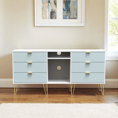 Linear Ready Assembled Matt Duck Egg & White Media Unit With 2 Shelves & 6 Drawers(H)152Cm X (W)74Cm X (D)39.5Cm from B&Q
