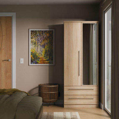 Bergamo Ready Assembled Bardolino Oak Effect 2 Drawer Double Wardrobe With 1 Mirror Door (H)1824mm (W)738mm (D)530mm from B&Q