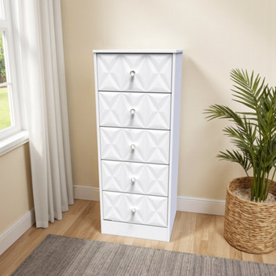 Genoa Ready Assembled Matt White No Effect 5 Drawer Bedside Chest (H)1120mm (W)450mm (D)395mm from B&Q
