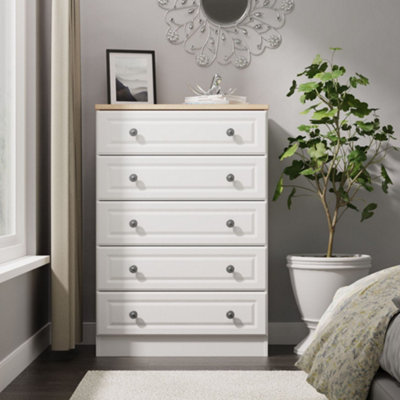 Savona Ready Assembled White Ash Bardolino Oak Effect 5 Drawer Chest (H)1074mm (W)740mm (D)385mm from B&Q