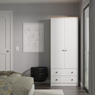 Savona Ready Assembled White Bardolino Oak Effect 2 Drawer Double Wardrobe (H)1824mm (W)738mm (D)530mm from B&Q