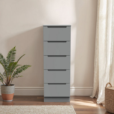 Messina Ready Assembled Matt Grey No Effect 5 Drawer Bedside Chest (H)1067mm (W)370mm (D)390mm from B&Q