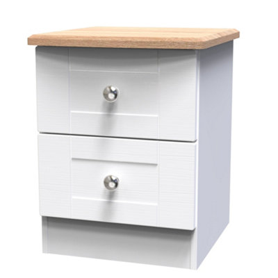 B&Q Sussex Ready Assembled Matt & Oak 2 Drawer Wide Bedside Chest (H)502Mm (W)395Mm (D)411Mm White