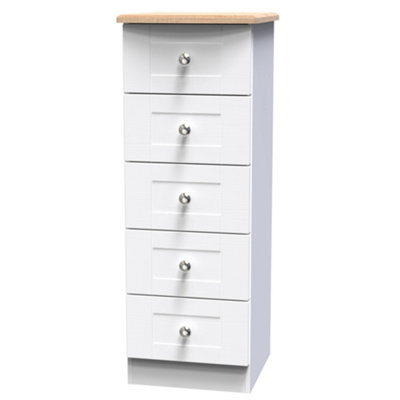 B&Q Sussex Ready Assembled Matt & Oak 5 Drawer Wide Bedside Chest (H)1074Mm (W)395Mm (D)411Mm White