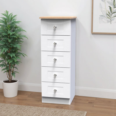 Santander Ready Assembled Matt White & Oak 5 Drawer Wide Bedside Chest (H)1074mm (W)395mm (D)411mm from B&Q