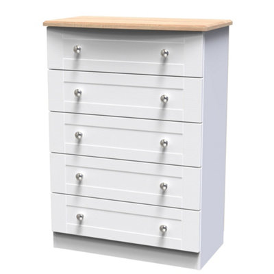 B&Q Sussex Ready Assembled Matt & Oak 5 Drawer Wide Chest (H)1074Mm (W)765Mm (D)415Mm White