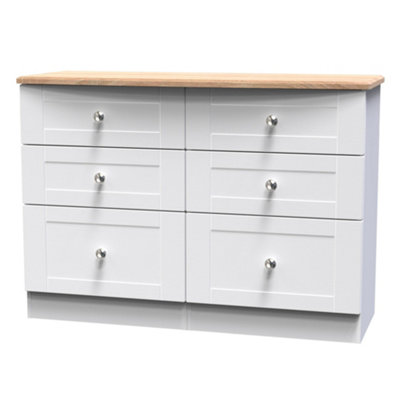 B&Q Sussex Ready Assembled Matt & Oak 6 Drawer Wide Chest (H)792Mm (W)1117Mm (D)414Mm White