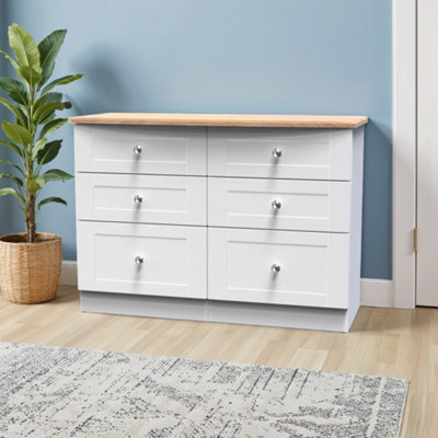 Santander Ready Assembled Matt White & Oak 6 Drawer Wide Chest (H)792mm (W)1117mm (D)414mm from B&Q