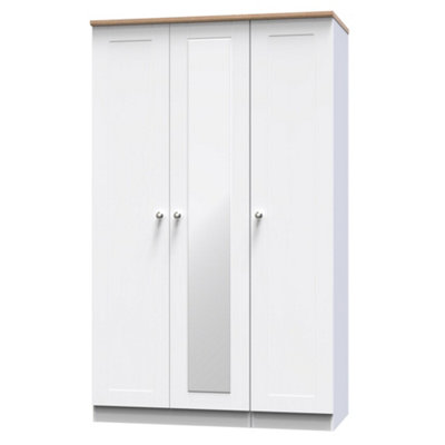Santander Ready Assembled Traditional White & Oak Effect Tall Triple Wardrobe With 1 Mirror Door (H)1970mm (W)1110mm (D)530mm from B&Q