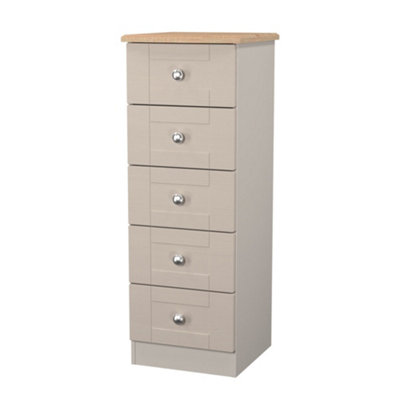 B&Q Sussex Ready Assembled Matt & Oak 5 Drawer Wide Bedside Chest (H)1074Mm (W)395Mm (D)411Mm Beige