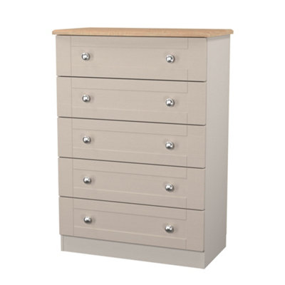 B&Q Sussex Ready Assembled Matt & Oak 5 Drawer Wide Chest (H)1074Mm (W)765Mm (D)415Mm Beige