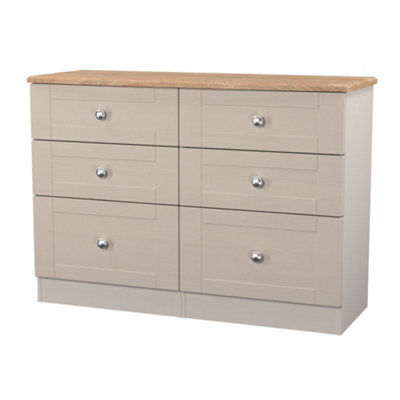 Santander Ready Assembled Matt Beige & Oak 6 Drawer Wide Chest (H)792mm (W)1117mm (D)414mm from B&Q