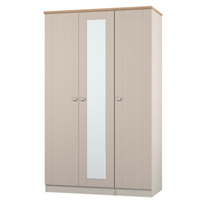 Santander Ready Assembled Traditional Matt Beige & Oak Effect Tall Triple Wardrobe With 1 Mirror Door (H)1970mm (W)1110mm (D)530mm from B&Q