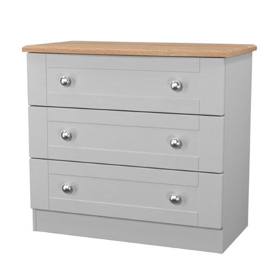 B&Q Sussex Ready Assembled Matt & Oak 3 Drawer Wide Chest (H)692Mm (W)765Mm (D)415Mm Grey