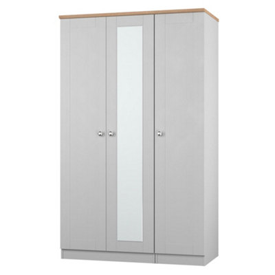 B&Q Sussex Ready Assembled Traditional & Oak Effect Tall Triple Wardrobe With 1 Mirror Door (H)1970Mm (W)1110Mm (D)530Mm Grey
