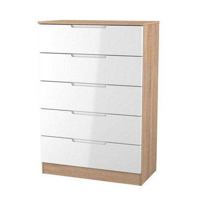 B&Q Milan Ready Assembled & Oak 5 Drawer Wide Chest (H)1067Mm (W)740Mm (D)390Mm White