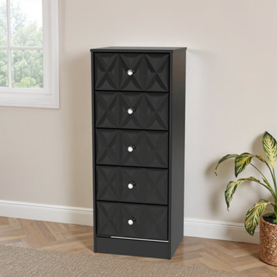 Genoa Ready Assembled Satin Black No Effect 5 Drawer Bedside Chest (H)1120mm (W)450mm (D)395mm from B&Q