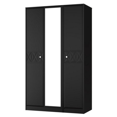 Genoa Ready Assembled Contemporary Matt Black Tall Triple Wardrobe With 1 Mirror Door (H)1960mm (W)1108mm (D)530mm from B&Q