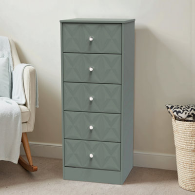 Genoa Ready Assembled Matt Green 5 Drawer Bedside Chest (H)1120mm (W)450mm (D)395mm from B&Q