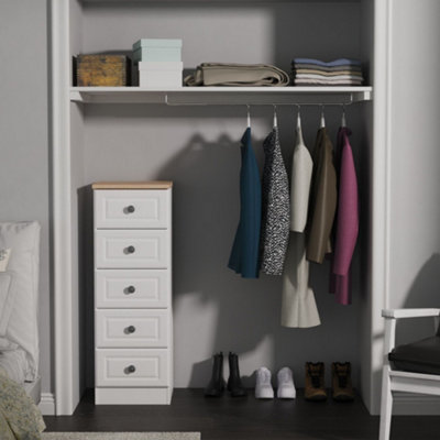 Savona Ready Assembled White Ash Bardolino Oak Effect 5 Drawer Bedside Chest (H)1074mm (W)374mm (D)402mm from B&Q