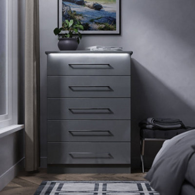 Pisa Ready Assembled Gloss Dusk Grey Built-In Lighting 5 Drawer Chest (H)1074mm (W)765mm (D)415mm from B&Q