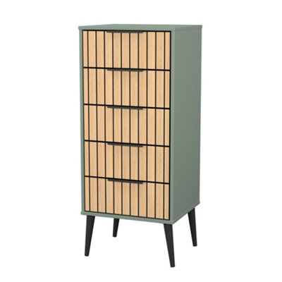  - Fiji Ready Assembled Green & Oak 5 Drawer Wide Bedside Chest (H)1089mm (W)450mm (D)395mm