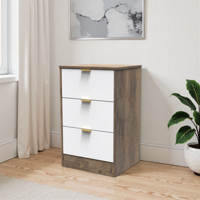 Nashville Ready Assembled Matt White & Oak 3 Drawer Wide Bedside Chest (H)726mm (W)450mm (D)395mm from B&Q