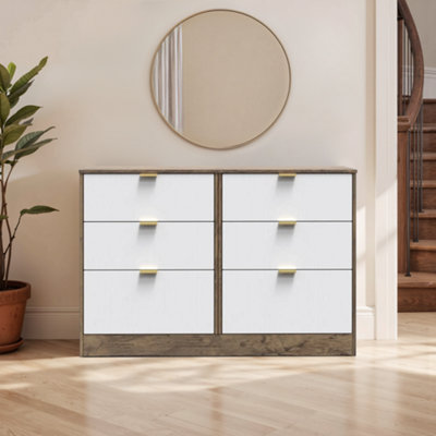 Nashville Ready Assembled Matt White & Oak 6 Drawer Wide Chest (H)792mm (W)1117mm (D)395mm from B&Q