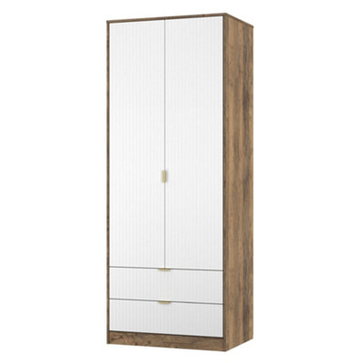 Nashville Ready Assembled Contemporary Matt White & Oak 2 Drawer Tall Double Wardrobe (H)1960mm (W)740mm (D)520mm from B&Q