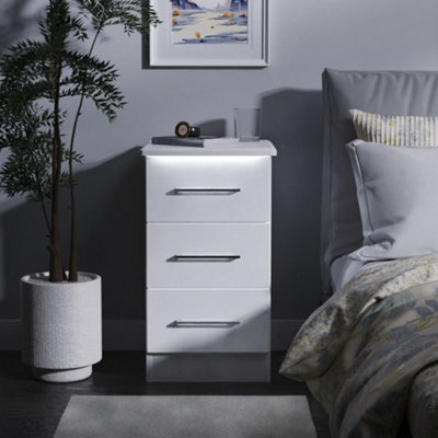 Pisa Ready Assembled Matt White Built-In Lighting 3 Drawer Bedside Chest (H)692mm (W)395mm (D)411mm from B&Q