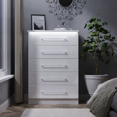 Pisa Ready Assembled Matt White Built-In Lighting 5 Drawer Chest (H)1074mm (W)765mm (D)415mm from B&Q