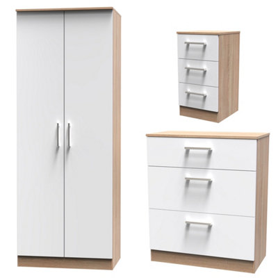 Devon 3 Piece Bedroom Set (WardrobeChest & Bedside) In White Matt & Bardolino OakReady Assembled from B&Q