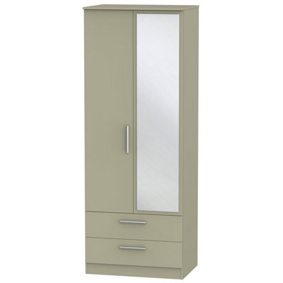  - Trent Tall 2 Drawer Mirrored Wardrobe In Mushroom Gloss & Mushroom Matt (Ready Assembled)