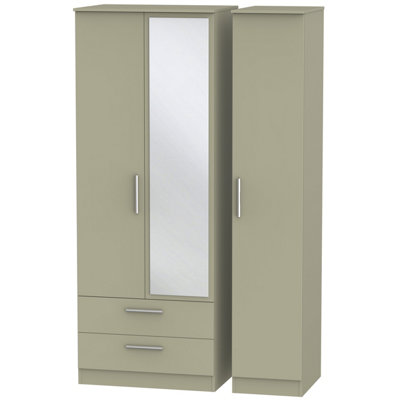  - Trent Tall Triple 2 Drawer Mirrored Wardrobe In Mushroom Gloss & Mushroom Matt (Ready Assembled)